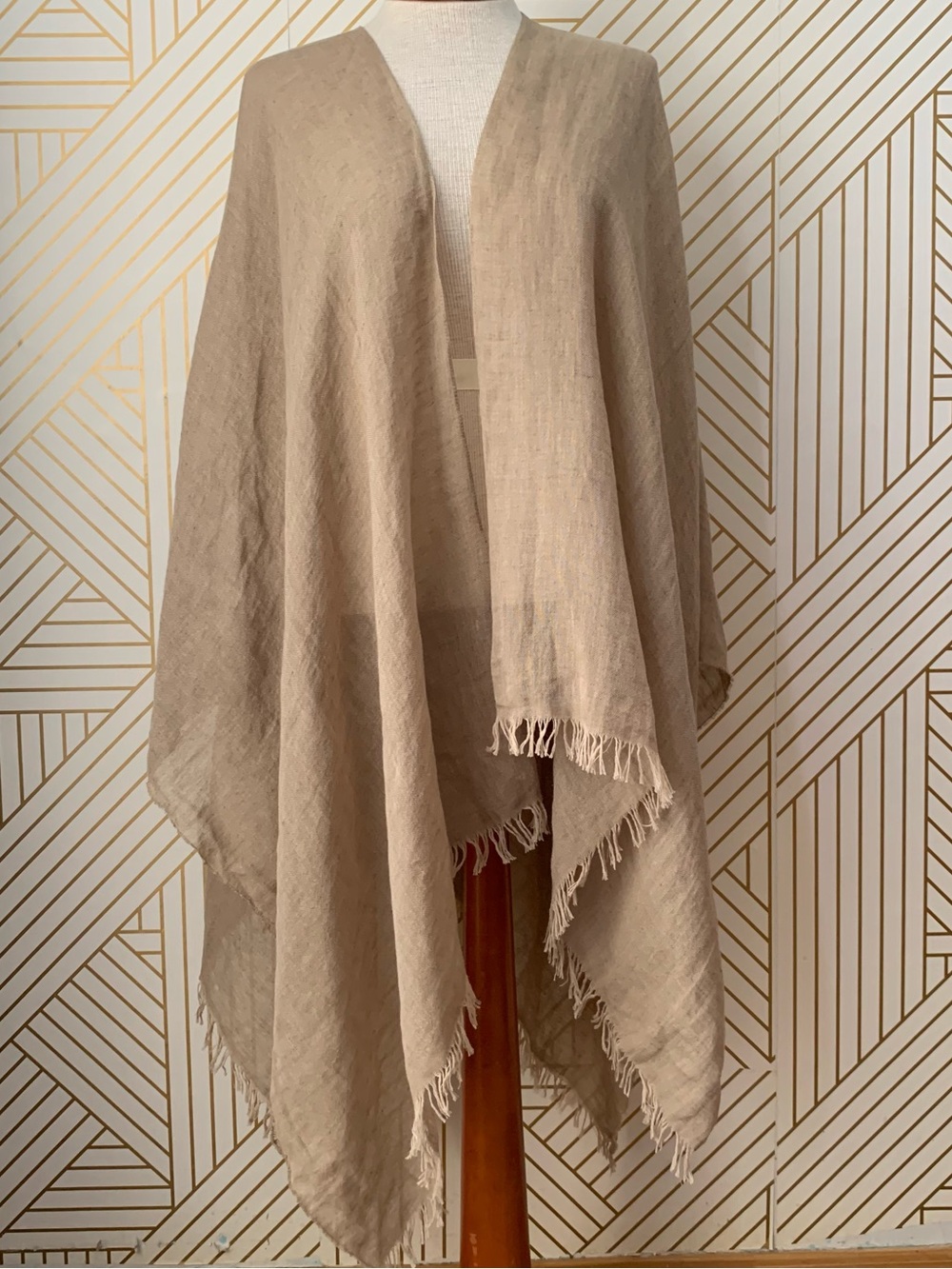 Eileen Fisher Gauzy Open Front Poncho Wrap Organic Cotton & Linen raw fringe hem